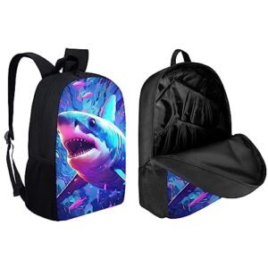 PinUp Angel Purple Aqua Shark School Backpack for Middle School Boys Bookbag With Lunch Bag and Pencil Bag, Animals Schoolbag Rucksack Preschool Back Packs Shoulder Bags for Teens Women