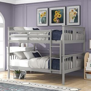 biadnbz full over full bunk bed with ladder and guardrails, wooden low bunkbeds, for kids teens adults bedroom guest room, gray