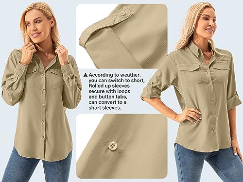 Womens UPF 50+ UV Sun Protection Safari Shirts Long Sleeve Outdoor Cool Quick Dry Fishing Hiking Gardening Shirts (5072 Khaki L)