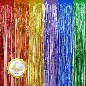 beishida 4 pack rainbow streamers fringe foil curtain backdrop curtain, tinsel curtain wall door party streamers for birthday party decoration(3.28 ft x 6.56 ft)