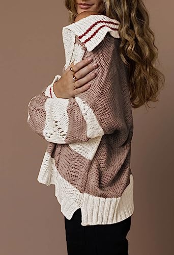 Women's 2023 Fall Casual Oversized Pullover Sweaters Lapel Collar V Neck Long Sleeve Cable Knit Striped Jumper Top Brown L