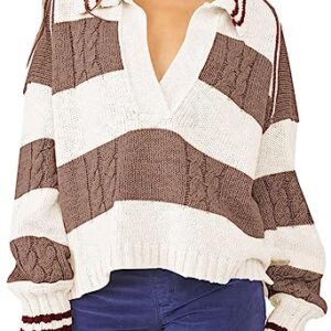 Women's 2023 Fall Casual Oversized Pullover Sweaters Lapel Collar V Neck Long Sleeve Cable Knit Striped Jumper Top Brown L