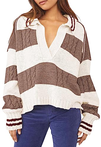 Women's 2023 Fall Casual Oversized Pullover Sweaters Lapel Collar V Neck Long Sleeve Cable Knit Striped Jumper Top Brown L