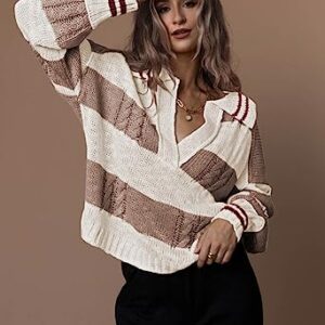 Women's 2023 Fall Casual Oversized Pullover Sweaters Lapel Collar V Neck Long Sleeve Cable Knit Striped Jumper Top Brown L