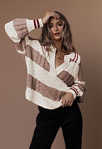 Women's 2023 Fall Casual Oversized Pullover Sweaters Lapel Collar V Neck Long Sleeve Cable Knit Striped Jumper Top Brown L