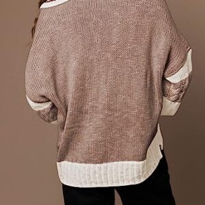 Women's 2023 Fall Casual Oversized Pullover Sweaters Lapel Collar V Neck Long Sleeve Cable Knit Striped Jumper Top Brown L