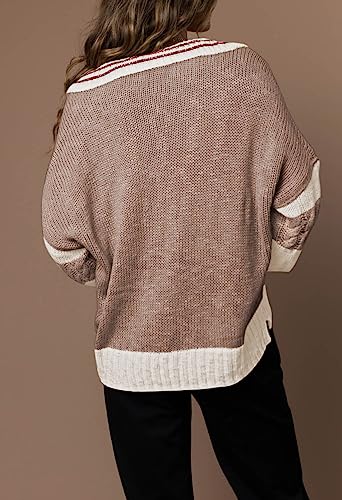 Women's 2023 Fall Casual Oversized Pullover Sweaters Lapel Collar V Neck Long Sleeve Cable Knit Striped Jumper Top Brown L