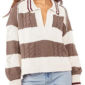 Women's 2023 Fall Casual Oversized Pullover Sweaters Lapel Collar V Neck Long Sleeve Cable Knit Striped Jumper Top Brown L