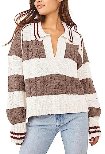 Women's 2023 Fall Casual Oversized Pullover Sweaters Lapel Collar V Neck Long Sleeve Cable Knit Striped Jumper Top Brown L