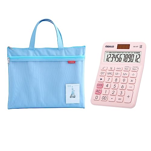 Pocket Small Size Desk Calculator and Large Double Pocket Waterproof File Bag with Handle Bundle