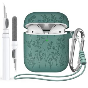 flower engraved case for apple airpods 2nd generation 2019, soft silicone protective case for airpods 2nd/1st gen case airpod case with clean kit,carabiner,lanyard,front led visible,pine green