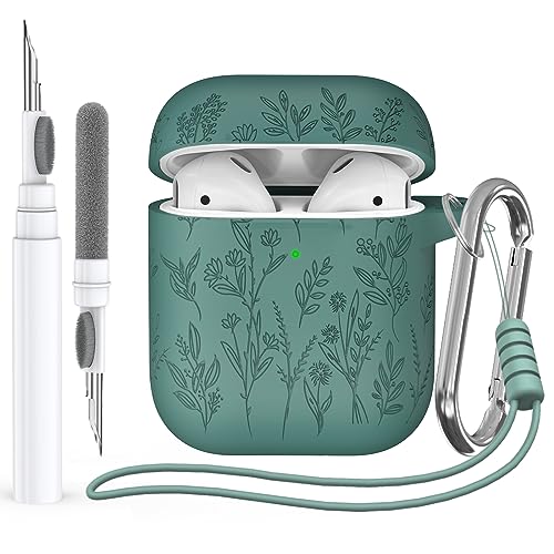 Flower Engraved Case for Apple AirPods 2nd Generation 2019, Soft Silicone Protective Case for AirPods 2nd/1st Gen Case Airpod Case with Clean Kit,Carabiner,Lanyard,Front LED Visible,Pine Green