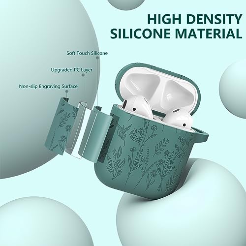 Flower Engraved Case for Apple AirPods 2nd Generation 2019, Soft Silicone Protective Case for AirPods 2nd/1st Gen Case Airpod Case with Clean Kit,Carabiner,Lanyard,Front LED Visible,Pine Green