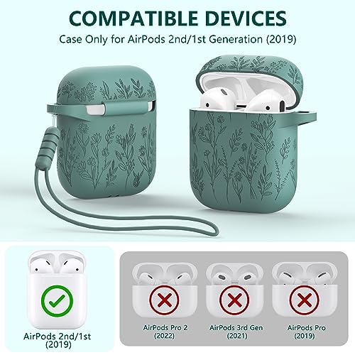 Flower Engraved Case for Apple AirPods 2nd Generation 2019, Soft Silicone Protective Case for AirPods 2nd/1st Gen Case Airpod Case with Clean Kit,Carabiner,Lanyard,Front LED Visible,Pine Green