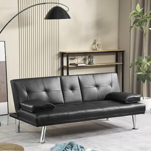 erye modern futon sofa loveseat convertible sleeper couch bed for small space apartment office living room furniture sets, upholstered love seat sofabed, black pu leather tufted cupholders metal legs