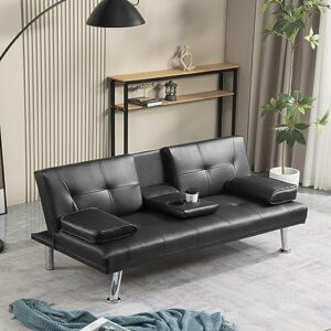 ERYE Modern Futon Sofa Loveseat Convertible Sleeper Couch Bed for Small Space Apartment Office Living Room Furniture Sets, Upholstered Love Seat Sofabed, Black PU Leather Tufted Cupholders Metal Legs