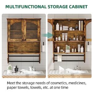 YITAHOME Bathroom Cabinet Wall Mounted Medicine Cabinet Organizer, Bathroom Storage with 2 Towel Hooks, Paper Towel Holder and Adjustable Shelf for Living Room Laundry Bedroom, Brown