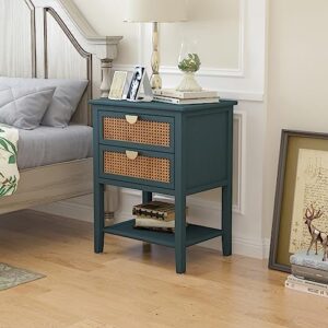 TRIPLE TREE Natural Rattan Nightstand,Night Stand Side Table with 2 Drawers,End Table Wood Accent Table with Storage for Bedroom,Living Room,Dormitory,Green