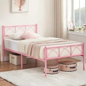 gaomon modern stylish iron bed frame with headborad & footboard,firm support structure, metal platform bed frame, no box spring needed, under bed storage, simple assembly(pink,twin)