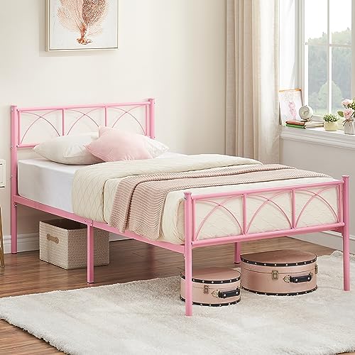 GAOMON Modern Stylish Iron Bed Frame with Headborad & Footboard,Firm Support Structure, Metal Platform Bed Frame, No Box Spring Needed, Under Bed Storage, Simple Assembly(Pink,Twin)