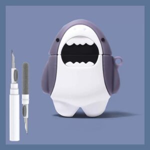 cute shark case for airpod 2nd 1st generation case, funny 3d cartoon kawaii cool airpods cases cover skin with cleaning kit & keychain for apple air pod gen 2 & 1 for boys girls kids teen, shark