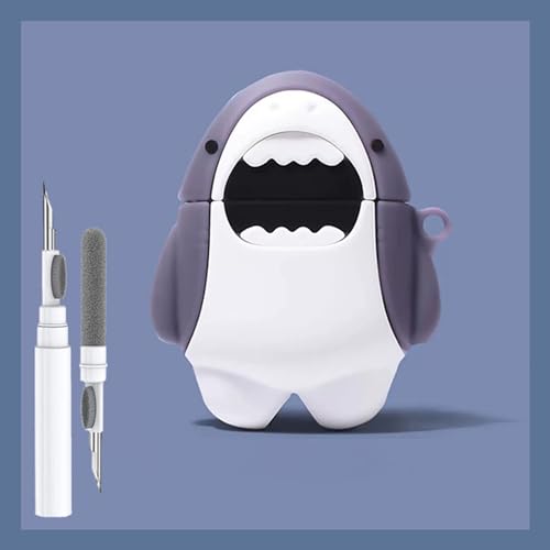 Cute Shark Case for Airpod 2nd 1st Generation Case, Funny 3D Cartoon Kawaii Cool Airpods Cases Cover Skin with Cleaning Kit & Keychain for Apple Air pod Gen 2 & 1 for Boys Girls Kids Teen, Shark