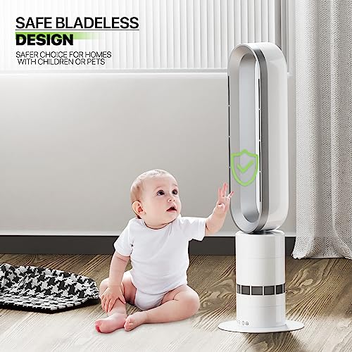 Magshion 31-Inch Oscillating Quiet Bladeless Tower Fan with Remote Control for Home Bedroom Cooling Warm Modes White