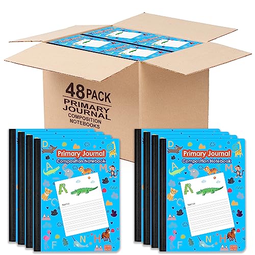 Primary Composition Notebook K-2, Primary Journal Grades K-2 ABC & Animal Print Cover, Pre K Primary Journal, 100 sheets/200 Pages Composition Book with Picture Space 9.75″​ x 7.5″ (48 Pack, Blue)