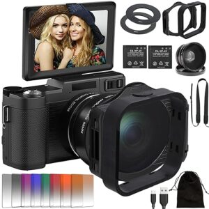 4k digital camera with 8 color filters sets, 48mp cameras for photography for vlogging camera for youtube autofocus point and shoot camera with flip screen, wide-angle & macro lens, batteries