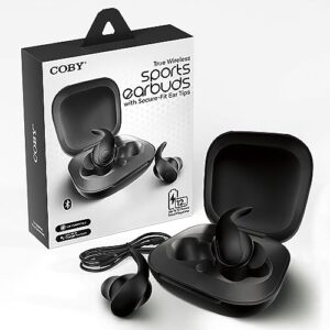 coby sports true wireless earbuds w/secure-fit ear tips | in-ear headphones up to 12 hours play | sweat-resistant | noise-isolating | in-ear earbuds | sports earbuds, bluetooth earbuds (black)