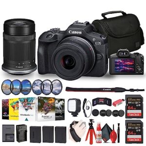 canon eos r100 mirrorless camera with 18-45mm and 55-210mm lenses kit (6052c022) + filter kit + corel photo software + bag + 2 x 64gb card + 2 x lpe17 battery + charger + led light + more (renewed)