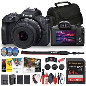 canon eos r100 mirrorless camera with 18-45mm lens (6052c012) + filters + corel photo software + bag + 64gb card + lpe17 battery + charger + card reader + flex tripod + cleaning kit + more (renewed)