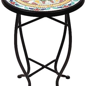 Elevon 14 Inch Round Side Ceramic Tile Top Indoor and Outdoor Accent Table, Pineapple