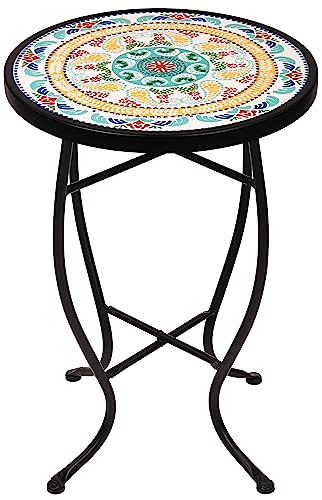 Elevon 14 Inch Round Side Ceramic Tile Top Indoor and Outdoor Accent Table, Pineapple