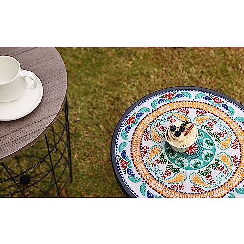 Elevon 14 Inch Round Side Ceramic Tile Top Indoor and Outdoor Accent Table, Pineapple