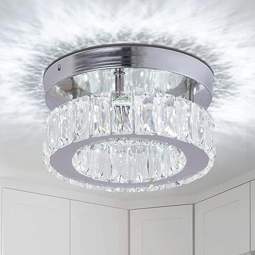 Zenouidle Modern Crystal Chandelier Small Flush Mount Ceiling Light Fixture LED Crystal Ceiling Light for Dining Room Bedroom Living Room Hallway (Cool White)