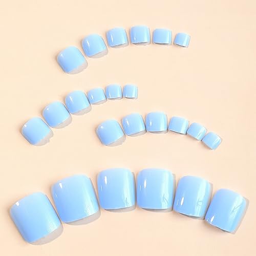 24 Pcs Press on Toenails Light Blue Fake Toe Nails Acrylic Toe Nail Press ons Solid Color Designs Short Square False Toenails Glue on Toenails for Women