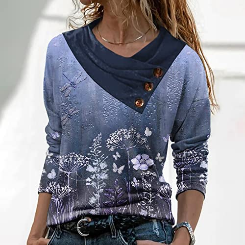 X-F58 Royal Blue Women Tshirts Gradient Dragonfly Floral Graphic Loose Fit Long Tops Tee for Women Drop Shoulder Skew Cowl Neck Lounge Fall Summer Shirts Button Up 2023 Clothes QT S