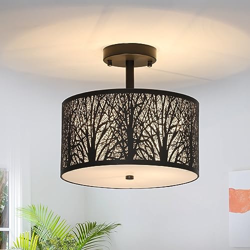 Stepeak Semi Flush Mount Ceiling Light Fixture, Black Light Fixture, 3-Light Drum Light with Etched Pattern Shade, Farmhouse Ceiling Lights for Bedroom Kitchen Hallway Dining Room Foyer Entryway