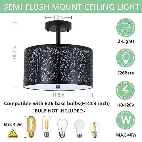 Stepeak Semi Flush Mount Ceiling Light Fixture, Black Light Fixture, 3-Light Drum Light with Etched Pattern Shade, Farmhouse Ceiling Lights for Bedroom Kitchen Hallway Dining Room Foyer Entryway