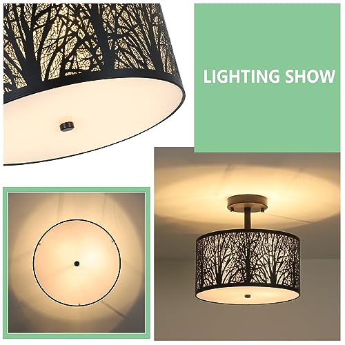 Stepeak Semi Flush Mount Ceiling Light Fixture, Black Light Fixture, 3-Light Drum Light with Etched Pattern Shade, Farmhouse Ceiling Lights for Bedroom Kitchen Hallway Dining Room Foyer Entryway