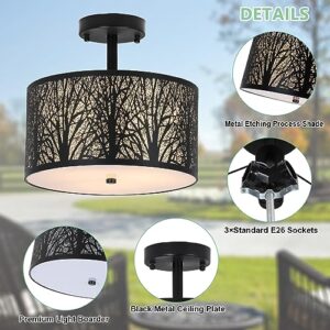 Stepeak Semi Flush Mount Ceiling Light Fixture, Black Light Fixture, 3-Light Drum Light with Etched Pattern Shade, Farmhouse Ceiling Lights for Bedroom Kitchen Hallway Dining Room Foyer Entryway