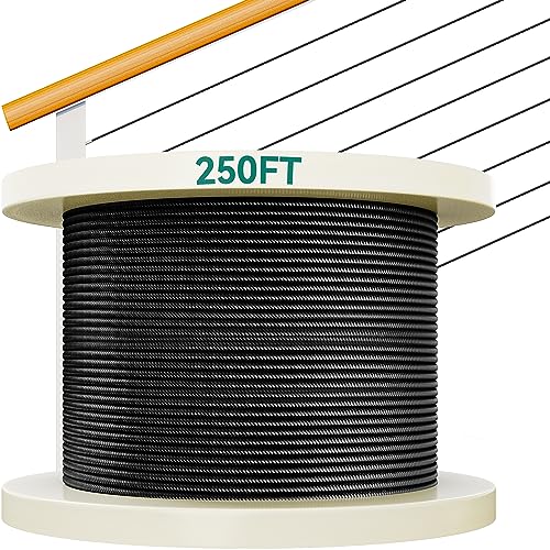 YITAHOME 1/8" Stainless Steel Cable 250FT Black Wire Rope 316 Grade Deck Railing Cable 7x7 Strands Construction with White ABS Spool High-Strength Cable for Outdoor Deck Railing