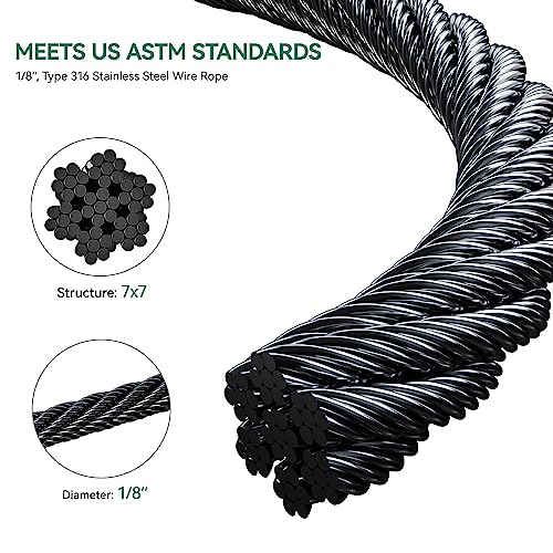 YITAHOME 1/8" Stainless Steel Cable 250FT Black Wire Rope 316 Grade Deck Railing Cable 7x7 Strands Construction with White ABS Spool High-Strength Cable for Outdoor Deck Railing