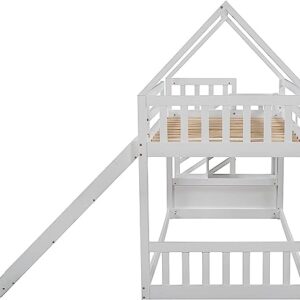 Harper & Bright Designs House Bunk Bed with Stairs,Wooden Kids Bunk Bed Twin Over Twin with Slide, Twin Size Floor Bunk Bed for Girls Boys, No Box Spring Needed, White