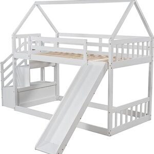 Harper & Bright Designs House Bunk Bed with Stairs,Wooden Kids Bunk Bed Twin Over Twin with Slide, Twin Size Floor Bunk Bed for Girls Boys, No Box Spring Needed, White