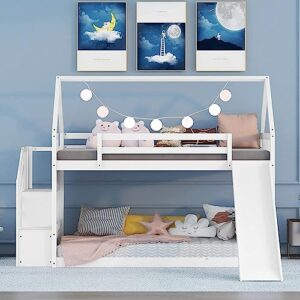 harper & bright designs house bunk bed with stairs,wooden kids bunk bed twin over twin with slide, twin size floor bunk bed for girls boys, no box spring needed, white