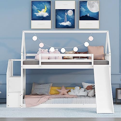 Harper & Bright Designs House Bunk Bed with Stairs,Wooden Kids Bunk Bed Twin Over Twin with Slide, Twin Size Floor Bunk Bed for Girls Boys, No Box Spring Needed, White