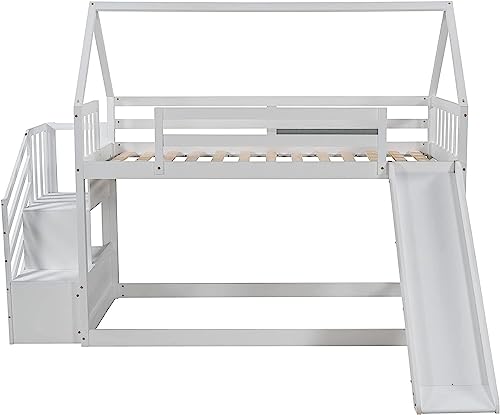 Harper & Bright Designs House Bunk Bed with Stairs,Wooden Kids Bunk Bed Twin Over Twin with Slide, Twin Size Floor Bunk Bed for Girls Boys, No Box Spring Needed, White