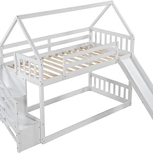 Harper & Bright Designs House Bunk Bed with Stairs,Wooden Kids Bunk Bed Twin Over Twin with Slide, Twin Size Floor Bunk Bed for Girls Boys, No Box Spring Needed, White